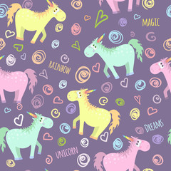 Seamless pattern with colored unicorn and doodle of felt-tip pen. Vector illustration - 113886035