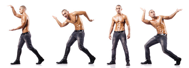 Ripped man pushing away virtual obstacle © Elnur