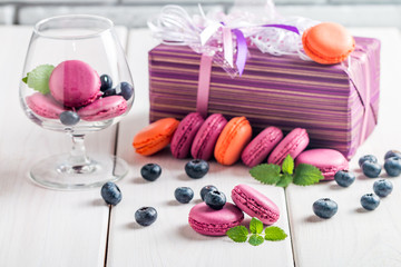 macaroon with fresh  blueberries