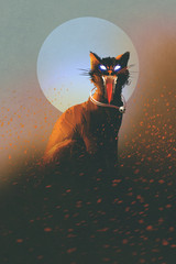 Obraz premium evil cat on a background of the moon,undead,horror concept,illustration