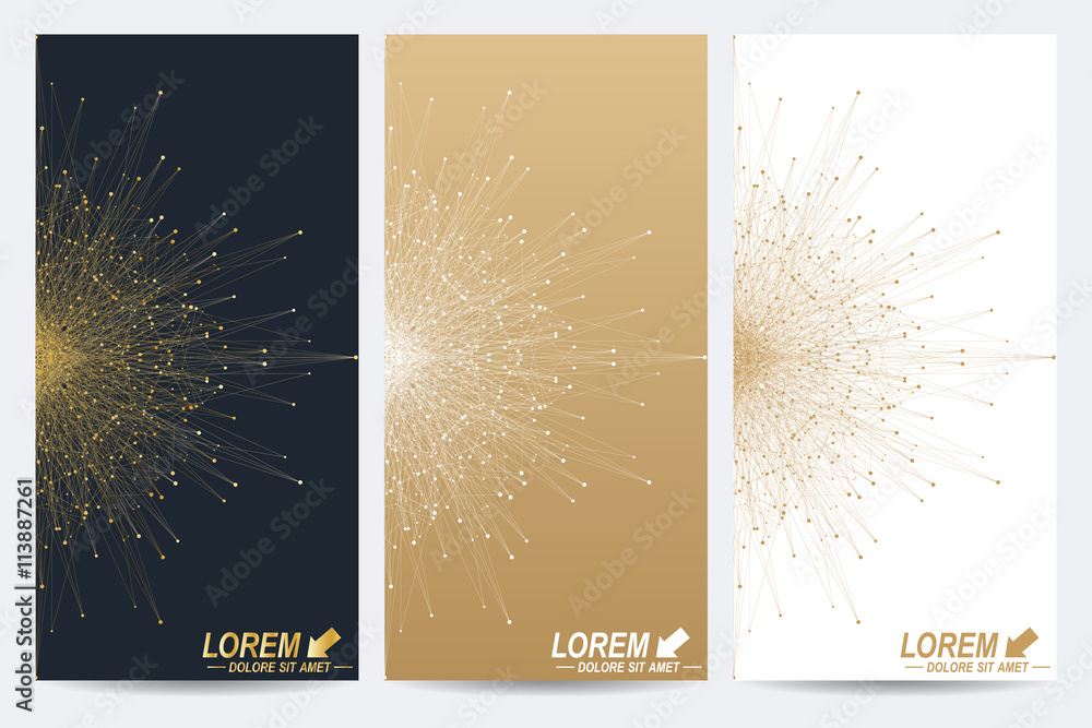 Poster Modern set of vector flyers. Molecule and communication background. Geometric abstract round golden forms. Connected line with dots. Graphic composition for your design