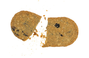 Broken blueberry wafer cookie with crumbs on a white background.