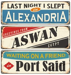Fototapeta premium Vintage signs collection with cities and tourist attractions in Egypt