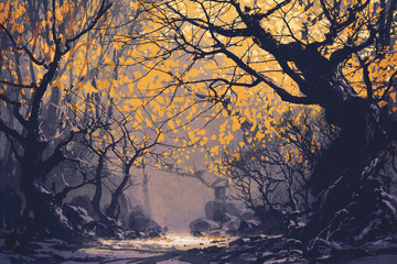 Obraz premium night scene of autumn forest,landscape painting