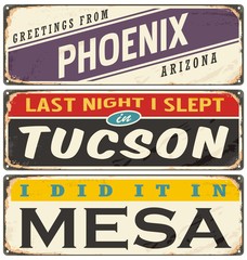 Vintage metal signs collection with USA cities.