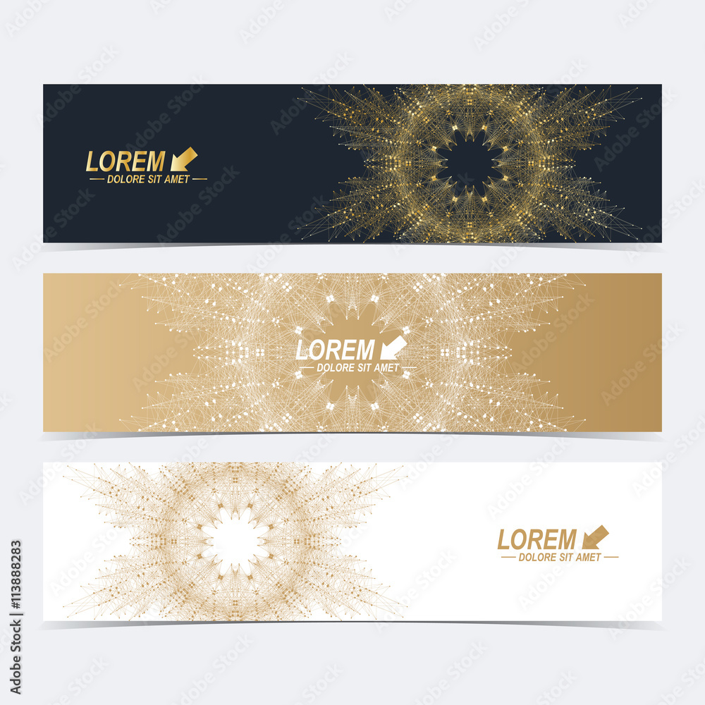 Poster Geometric abstract banners with golden mandala. Molecule and communication background for website templates. Vector illustration.