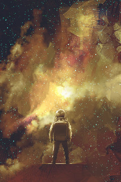 astronaut standing against universe stars filled,illustration painting