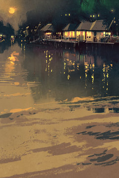 village beside river,night scene landscape,illustration