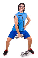 Funny guy with dumbbels on white
