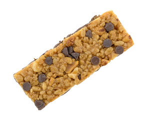 Chocolate chip peanut protein bar isolated on a white background top view.