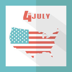 4th of July. Greeting card in a flat style. Holiday Independence Day July 4th. Simple, minimal design. Icon in a flat style. Map of America in colors of the national flag. Vector illustration