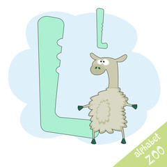 Hand drawn letter L and funny cute lama. Children's alphabet in cartoon style, vector illustration.