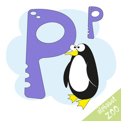 Hand drawn letter P and funny cute penguin. Children's alphabet in cartoon style, vector illustration.