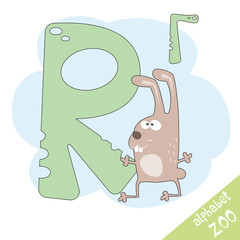 Hand drawn letter R and funny cute rabbit. Children's alphabet in cartoon style, vector illustration.