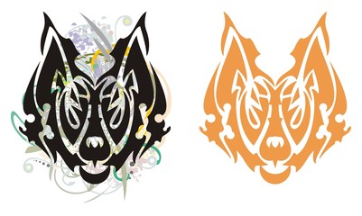 Tribal grunge fox. The head of a fox with floral splashes and the stylized fox head - two options on a white background  