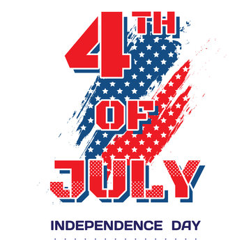 4th of July. Big bright inscription July 4th on a white background with brush strokes and elements of stars. Independence Day, July 4th holiday greetings, card, banner, flyer. Vector illustration