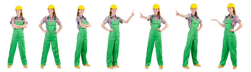 Woman in green coveralls isolated on white