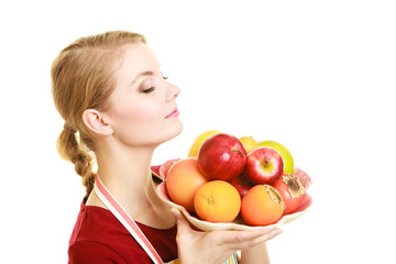 Fototapeta na wymiar housewife or seller offering healthy fruit isolated