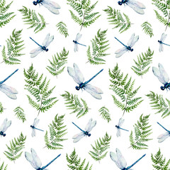 Fototapety  Watercolor dragonfly and fern pattern