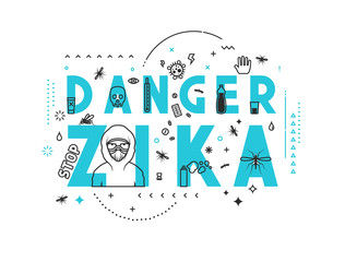 Design concept epidemic of danger zika. Modern line style illustration. Concepts of words danger zika, style thin line art, design banners for website and mobile website. Easy to edit.