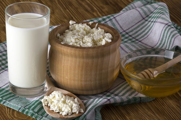 Honey, cottage cheese andglass with milk.