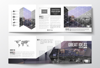 Fototapeta na wymiar Set of tri-fold brochures, square design templates. Polygonal background, blurred image, urban landscape, modern stylish triangular vector texture
