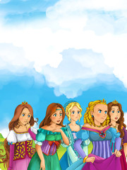 Fototapeta premium Cartoon scene of many young girls in traditional clothing - medieval times - illustration for children