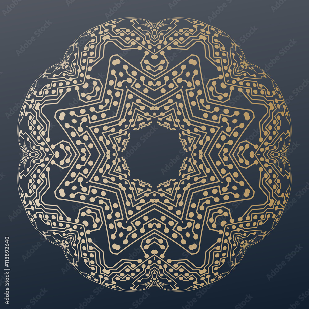 Poster abstract golden microchip pattern, mandala template with connecting dots and lines, connection struc