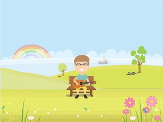 Obraz na płótnie Canvas Vector illustration of a beautiful green landscape and a Boy with Guitar