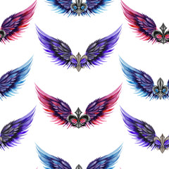 Fototapeta na wymiar Seamless pattern of logos, symbols in the form of wings and heraldic lilies, hand drawn in a watercolor on a white background