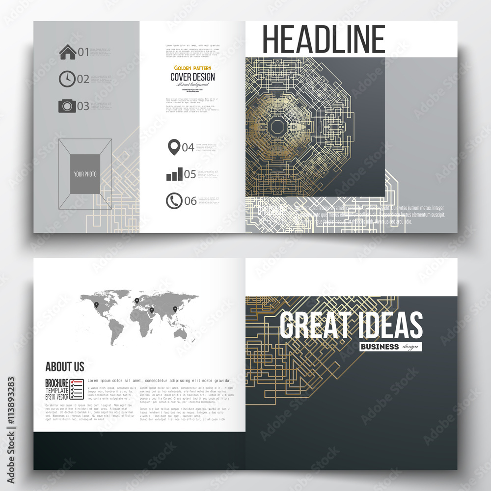 Poster set of square design brochure template. round golden technology pattern on dark background, mandala 