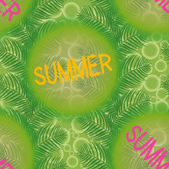 Summer, palm leaves on a green background with circles and soap bubble. Pattern vector seamless