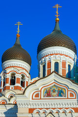 The domes and belfry of Russian Orthodox Alexander Nevsky Cathedral in Old Town Toompea in the evening, Tallinn, Estonia