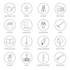 Set of Garden Tools, Round Thin Line Icons Gardening Equipment and Name , Agricultural Tool , Black and White Vector Illustration