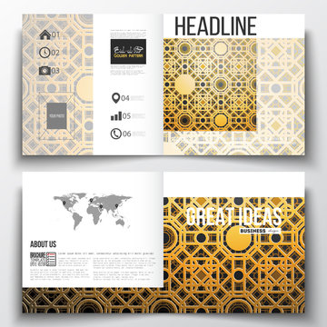 Set of square design brochure template. Islamic golden vector texture, geometric pattern, abstract ornament. Beautiful background with arabic calligraphy which means - Eid al Fitr- for muslim