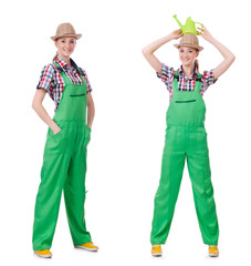 Collage of woman watering plants isolated on white