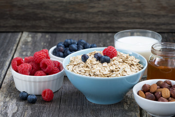 fresh breakfast products on a dark wooden background