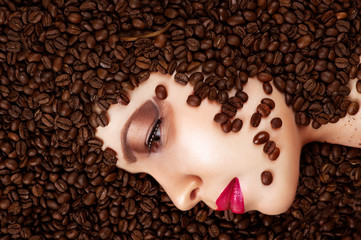 coffee beans in beauty profile face