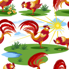 Vector image of roosters on the background of a lawn and sunny sky. Pattern.