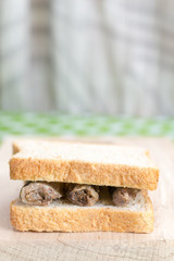 Side view marinated sardines toast sandwich