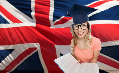 student woman in mortarboard over english flag