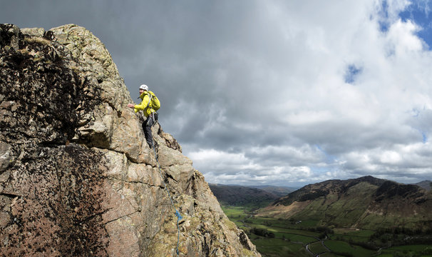 England, Cumbria, Lake District, Langdale, Raven Crag, Middlefell Buttress, climber