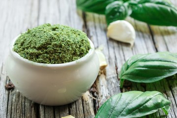 Homemade basil Pesto, selective focus