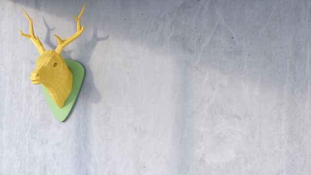 3D Rendering, deer antler on concrete wall, low poly, falted, paper, copy space