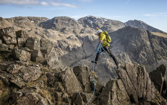 England, Cumbria, Lake District, Wasdale Valley, Great Gable, climber