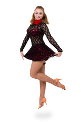 young modern ballet dancer jumping on white background