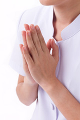 asian thai female nurse greeting hand gesture