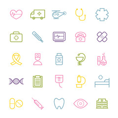 Collection of 25 linear medical icons.  Thin icons for print, web, mobile apps design