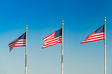 Flags of the United States waving over blue sky in Washington DC