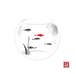 Aquarium with five small fishes. Traditional Japanese ink painting sumi-e. Contains hieroglyph - double luck.